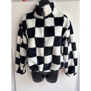 Crave Fame Checkered Black White Plush Zip Jacket S Quirky Cute Sherpa Teddy